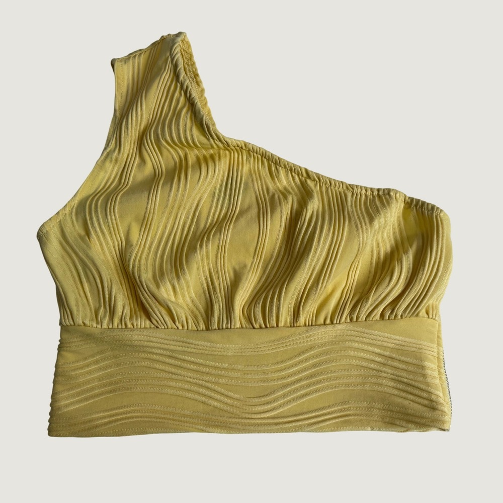Sunshine Yellow One Shoulder Festival Textured Ripple Crop Top Size S Summer